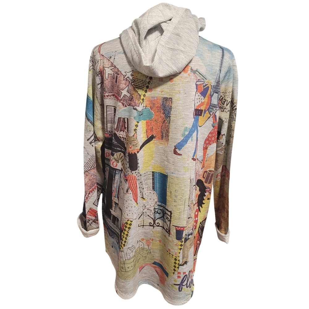 Inoah Zip Hoodie Gray S Paris Cat Graphic Art Print Lagenlook Made in USA Boho - Picture 2 of 9